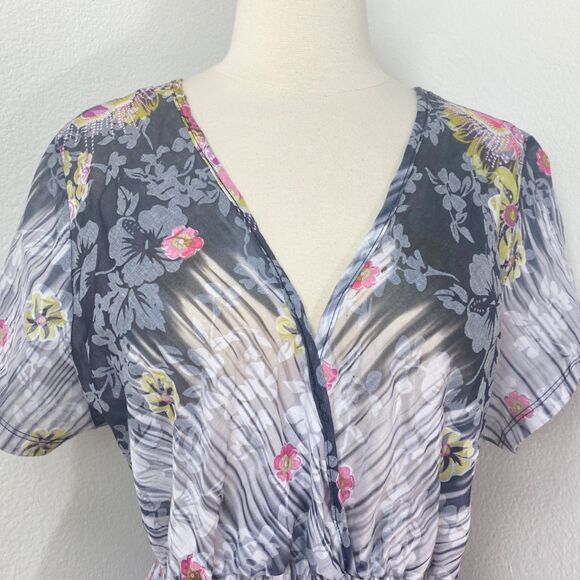 Gemini Semi-Sheer Dress Lg Gray Pink Floral Border Peasant Milkmaid Boho Fairy - Picture 2 of 9